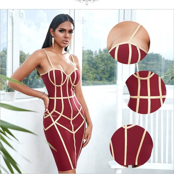 🎥 Bandage Slim Dress with Contrast Trim Burgundy - Picture 6 of 15